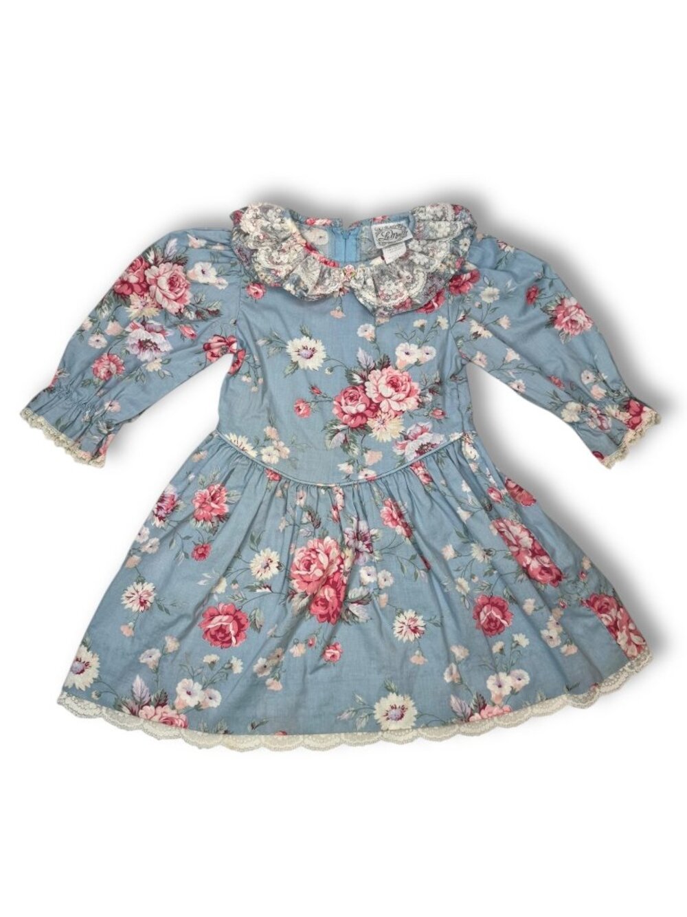 Vintage Le Maj Blue Pink Floral Cotton Toddler Dress Size 5 Made In USA